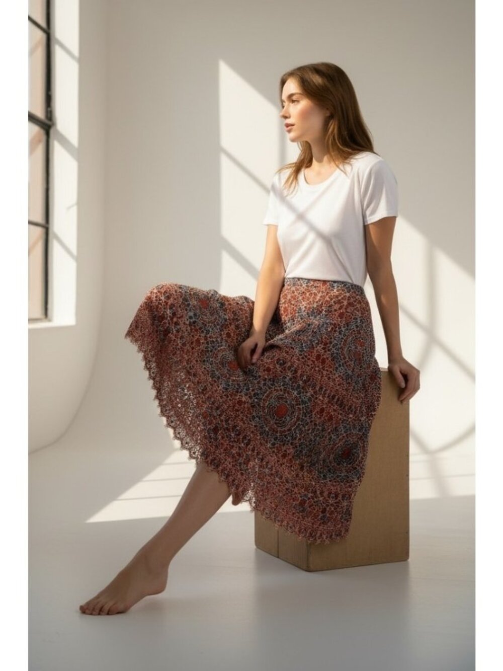 Sundance Romantic Boho Lace A-Line Midi Skirt Rust Blue Size XS